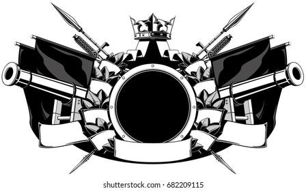 The black white coat of arms with flags, swords, spears, guns and crown