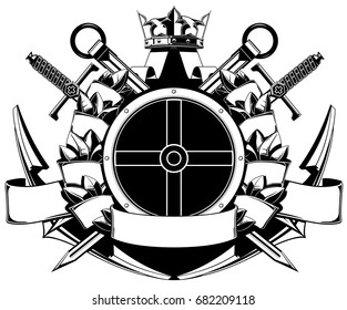 The black white coat of arms with flags, swords, spears, guns and crown