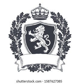 Black and white Coat of arms with heraldry lion. Emblem shield with crown and oak wreath. Ribbon with blank copyspace.