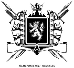 The black white coat of arms with lion, swords, spears and crown