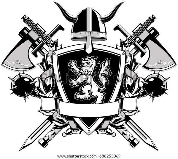 Black White Coat Arms Lion Swords Stock Vector (Royalty Free) 688255069