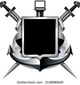 black and white coat of arms with shield, anchor, crowds and ribbon