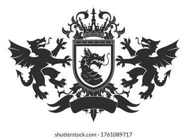 Black and white Coat of arms with two dragons and shield.