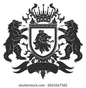 Black and white coat of arms with two bears and shield.