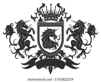 Black and white Coat of arms with unicorns and shield.