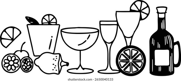 Black and white cocktail and drink illustration