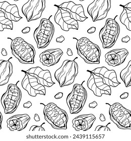 Black and white cocoa outline pattern with beans, pods and leaves