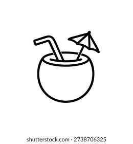 Black and white coconut cocktail icon summer beach drink with straw and umbrella minimal vector illustration
