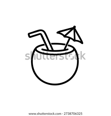 Black and white coconut cocktail icon summer beach drink with straw and umbrella minimal vector illustration