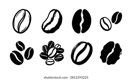 Black and white coffee bean illustrations showing different shapes and roast styles