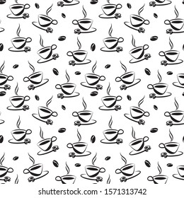 Black and white coffee cup and beans seamless pattern