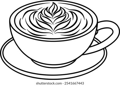 Black and White Coffee Cup Line Drawing Minimalistic Coffee with Heart and Swirl Pattern on Saucer