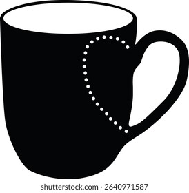 black and white coffee cup, black mug with heart shaped dots decor isolated on transparent background	