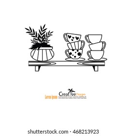 black and white coffee cup on shelves with tree pot.vector illustration.