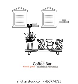 black and white coffee cup on shelves with tree pot.vector illustration.