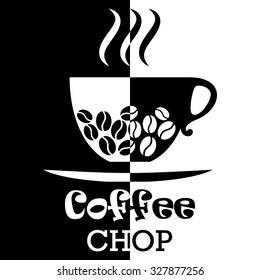 Black and white coffee design with coffee beans. Vector illustration of coffee menu, shop or house.  
