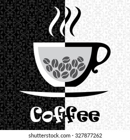 Black and white coffee design with beans on a vintage background. Vector illustration of coffee menu, shop or house. 