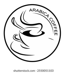 Black and white coffee emblem featuring a steaming cup, perfect for branding cafes and coffee products.