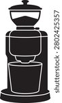 Black and white of a coffee grinder machine with a hopper and container, isolated on a white background, flat style