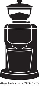 Black and white of a coffee grinder machine with a hopper and container, isolated on a white background, flat style