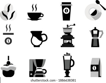 Black white coffee icon set