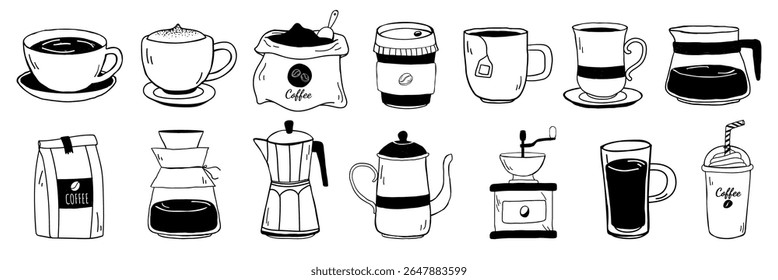 Black and white coffee illustrations. Coffee cups, bags, and coffee makers. Various tools in a simple coffee-themed design. Aesthetic cafe illustrations, isolated vector set.