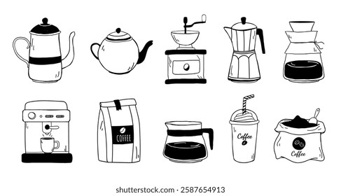 Black and white coffee illustrations: coffee pots, coffee grinder, coffee maker.