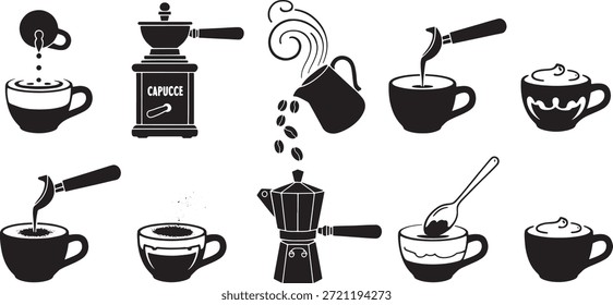 Iconos de la fabricación y de la porción del café blanco y negro con el vapor y los frijoles que vierten