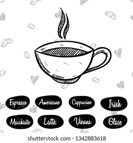black and white coffee menu with sketchy style on coffee beans seamless pattern