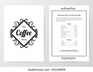 Black and white coffee menu template, center square abstract logo layout, two side printing in basic design border. Demo text and price dotted line.