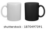 Black and white coffee mug. Tea cup 3d vector blank. Teacup with handle mockup design. Porcelain mug template for branding. Hot cafe or cappuccino drink group of 2 mugs. Classic kitchen design