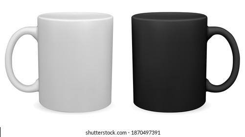 Black and white coffee mug. Tea cup 3d vector blank. Teacup with handle mockup design. Porcelain mug template for branding. Hot cafe or cappuccino drink group of 2 mugs. Classic kitchen design