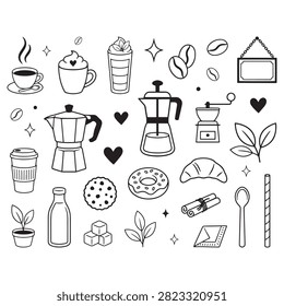 Black and white coffee shop elements doodle set including coffee cups, mugs, frothy drinks, coffee beans, espresso makers, French press, grinders, croissants, donuts, cookies, milk, sugar cubes, and cinnamon sticks, perfect for cafe menus, stationery, or themed designs.