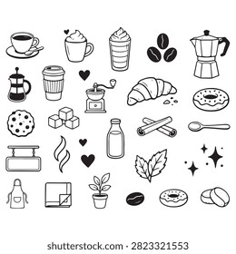 Black and white coffee shop elements doodle set including coffee cups, mugs, frothy drinks, coffee beans, espresso makers, French press, grinders, croissants, donuts, cookies, milk, sugar cubes, and cinnamon sticks, perfect for cafe menus, stationery, or themed designs.