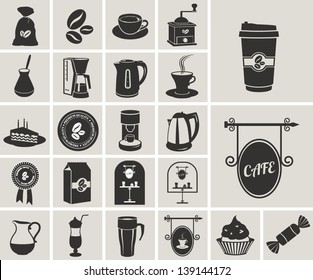 black and white coffee shop vector web icons set