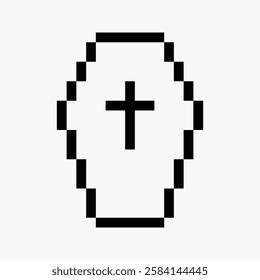 black and white coffin pixel art icon vector illustration.