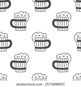 Black and white cold alcohol drink background with wooden cup. Hand drawn lager repeat vector illustration