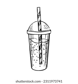 Black and white cold summer drink in white background. Plastic cup of soda with straw. Summer beverage. Sketch style drawing. Vector illustration