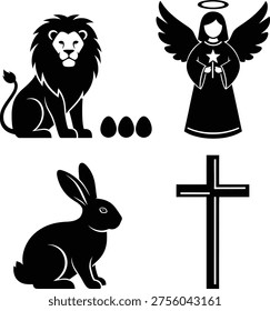 A black and white collage featuring a lion, angel, cross, and rabbit, likely representing various Christian symbols and icons.