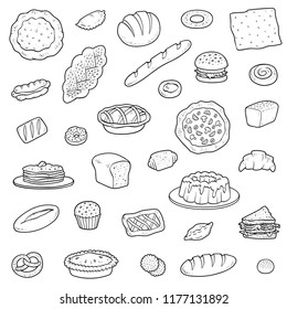 Black and white collection about bread bakery products. Vector set of cartoon pastry and baked goods