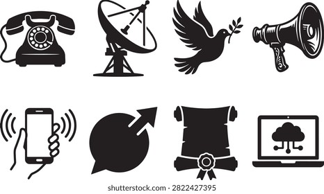 Black and white collection of communication and technology symbols including old telephone, satellite dish, flying bird, megaphone, smartphone with signal, rewind arrow, video camera, and laptop screen with user icon.