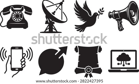 Black and white collection of communication and technology symbols including old telephone, satellite dish, flying bird, megaphone, smartphone with signal, rewind arrow, video camera, and laptop screen with user icon.