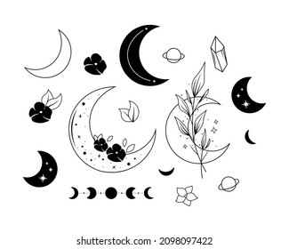 Colección en blanco y negro con luna creciente, flores, fases lunares, plantas y cristal. Ilustración vectorial dibujada a mano. El escalón de brujería. Lunas mágicas florales para tarjeta, logotipo, pegatinas, impresión.