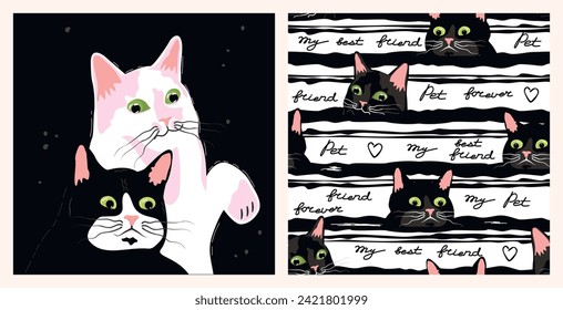 Black white collection with cute cartoon cats.Print with animal characters and seamless pattern with rough stripes and hand lettering best friend forever.Backgrounds for printing on fabric and paper.