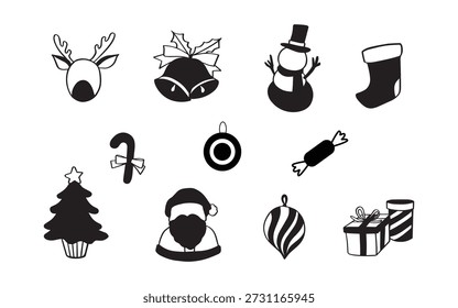La colección en blanco y negro de lindos iconos de vacaciones de Navidades dibujadas a mano presenta campanas de reno, muñeco de nieve, medias, adornos de caña de caramelo, Santa y regalos perfectos para proyectos de diseño festivo y decoración de temporada.