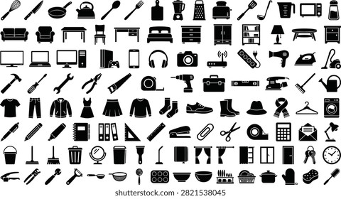 Black and white collection of diverse household and clothing household kitchenware tools furniture