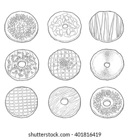 Black and white collection of donuts, nine vector donuts with vanilla and chocolate 