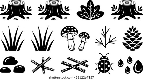 Black and white collection of forest including tree stumps mushrooms leaves grass and ladybug