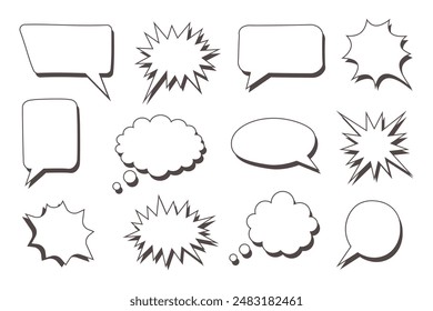 Black and white collection of hand drawn speech bubbles doodle set of design elements. Vector illustration.