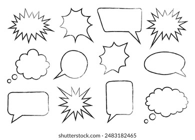 Colección en blanco y negro de burbujas de discurso de tiza dibujado a mano doodle conjunto de Elementos de diseño. Ilustración vectorial.